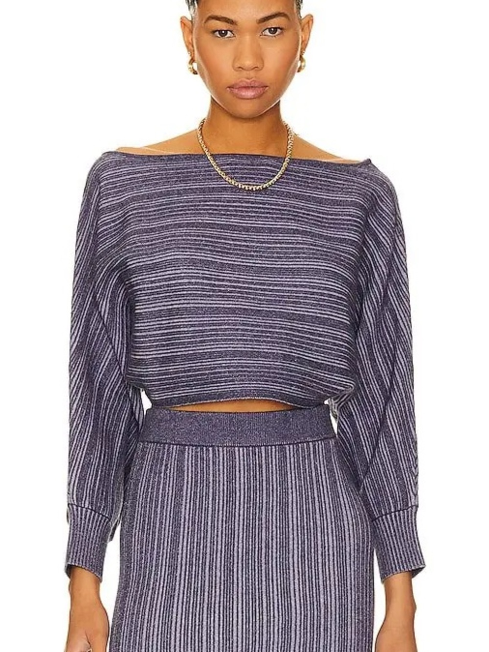 MISA Striped Boatneck Knit Crop Sweater in Purple Cashmere and Cotton NEW